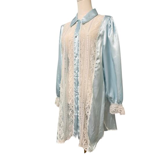 Bert Yelin for Iris Blue Satin Night Gown Dress Lace Sexy Feminine Bridal Large - Picture 8 of 10